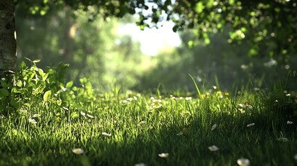 Aufkleber - Idyllic Sunlit Forest Meadow with Lush Green Grass and Blooming Flowers : Generative AI