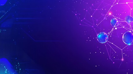 Poster - Abstract Science Banner Design Molecular Structure with Connected Spheres, Purple, Blue Background.