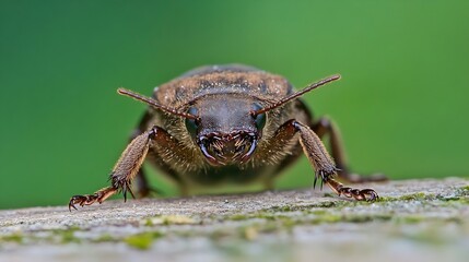 Poster - Macro Shot of Brown Beetle Crawling on Bark with Blurred Green Background : Generative AI