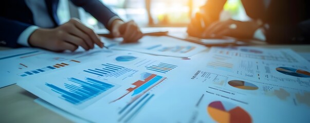 Poster - Business professionals analyzing financial data and charts.