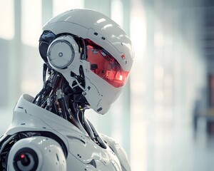 Poster - Futuristic robot with a sleek design and red accents.