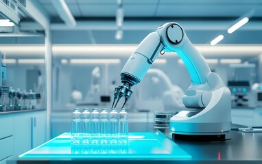 Poster - Robotic arm in a lab handling glassware for precise experiments.
