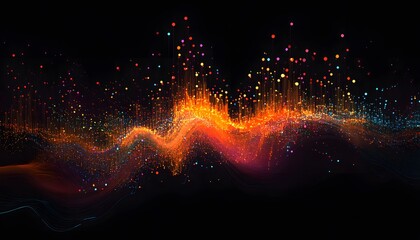 Poster - A captivating wave of colorful light particles flowing across a black background, creating a mesmerizing visual effect perfect for digital artwork and creative projects.