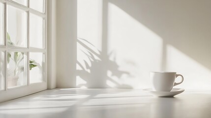 Poster - Bright minimalistic scene with white coffee cup in sunlight and window shadows : Generative AI