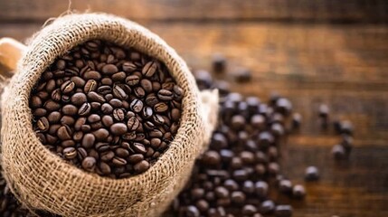 Poster - Natural Burlap Sack Overflowing with Aromatic Fresh Roasted Coffee Beans : Generative AI