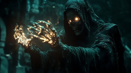 Grim reaper figure with glowing skeletal hands tattered robes illuminated by haunting light darkened void