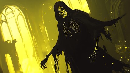 Wall Mural - Shadowed figure of a reaper with glowing skeletal features flowing dark robes illuminated by eerie light creating a haunting atmosphere