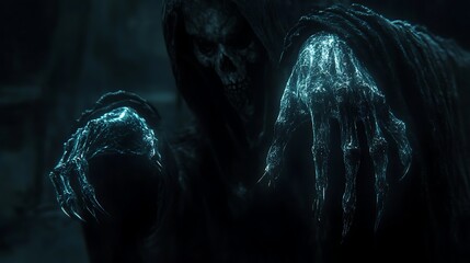 Tattered black robes glowing skeletal hands of a reaper illuminated by haunting glow shadowy background