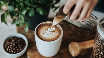 Poster - Barista pouring intricate latte art into steaming cup of fresh coffee in a cozy cafe : Generative AI