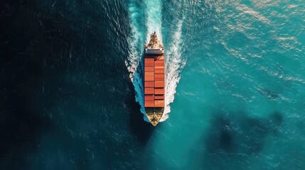 Cargo ship carrying containers sailing on open sea, creating a wake behind, aerial top view