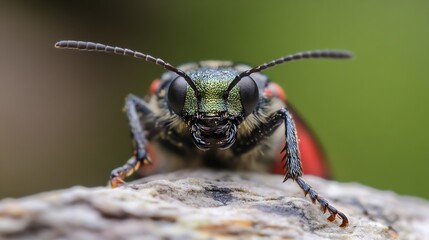 Poster - Front View Portrait of an Alert Green and Red Beetle in Macro Photography : Generative AI