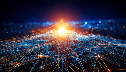 Poster - Stunning abstract image depicting a glowing network of interconnected nodes, resembling a futuristic cityscape or digital landscape.  Perfect for tech, AI, connectivity, and global network concepts.