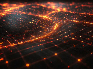 Poster - Abstract glowing grid, fiery orange nodes on dark background.  Perfect for tech, AI, network, data visualization, or futuristic concepts.
