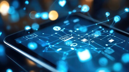 Poster - Futuristic communication network and data flow are being displayed on a digital tablet, showcasing interconnected icons and information exchange in a technological setting