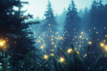 Poster - Twilight envelops a misty pine forest filled with glowing fireflies creating a magical ambiance