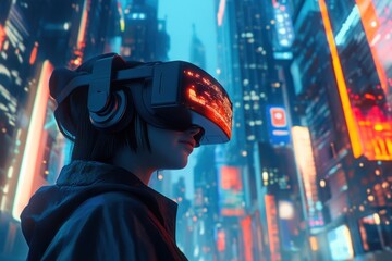 Poster - Woman using VR headset in cyberpunk city at night