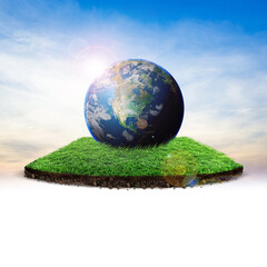 floating slice of land with green grass surface and soil section. flying land grass texture and empt