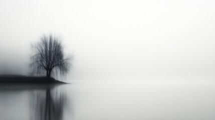 Poster - Solitary Tree in Minimalist Landscape with Reflective Water and Misty Atmospheric Background : Generative AI