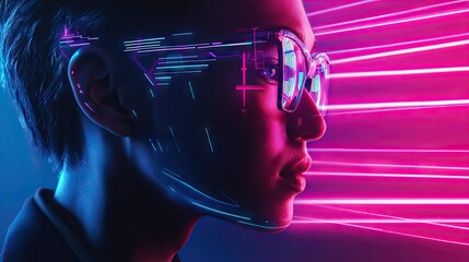 Poster - A businessman confidently interacting with futuristic AI holograms and neon lights, symbolizing the future of business and tech