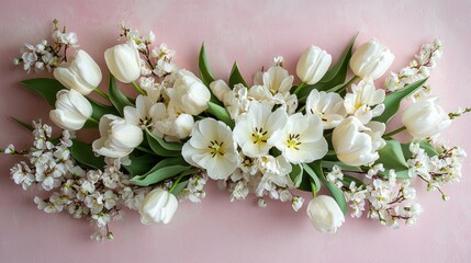 Poster - Vibrant tulips bloom alongside ethereal cherry blossoms, creating a stunning floral arrangement perfect for spring. The soft pink background enhances the natural beauty and elegance