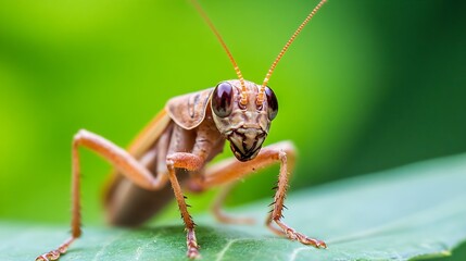 Poster - Macro Image of a Small Praying Mantis Posing on a Green Leaf : Generative AI