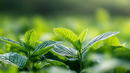 Aufkleber - Vibrant Closeup of Fresh Green Leaves in Sunlit Garden Foliage Photography : Generative AI