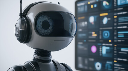 Poster - AI Medical Assistant: A friendly, futuristic medical robot with large expressive eyes and headphones sits before a large screen displaying complex medical data.