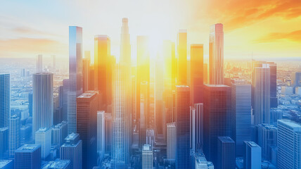 Wall Mural - Golden Hour Metropolis: A breathtaking aerial view captures a sprawling cityscape bathed in the warm, golden light of sunrise or sunset.  The skyscrapers pierce the vibrant sky.