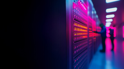 Poster - Data Center Technician: A technician in a data center works on servers illuminated in neon pink and blue lights. the blurred background, this image evokes the feeling of a tech-driven world.  
