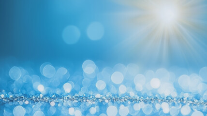 Poster - a shimmering blue background with abstract bokeh lights and a sunburst shining through. This image captures the essence of a bright and cheerful day with its soft, dreamy aesthetic