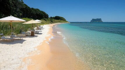 Serene Beach Scene With Umbrellas And Lounge Chairs