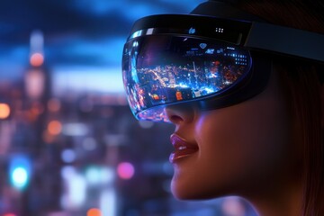 Poster - Woman using VR headset, city night view