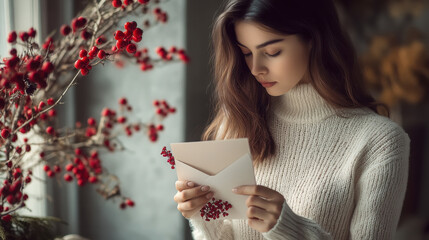 Wall Mural - Woman holding elegant christmas card with red berries in cozy winter setting