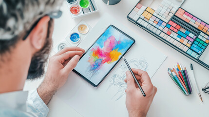 A creative artist sketching on a smartphone using a stylus, bright studio lighting, vibrant colors, high-resolution, isolated on white.