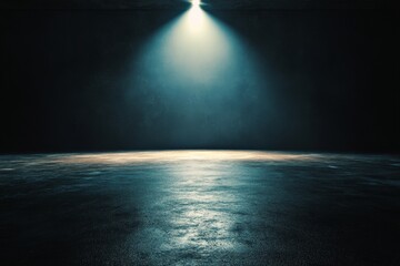 Poster - Abstract empty dark stage with a spotlight, grey concrete floor, and black blank wall, suitable for car or product presentation backgrounds, mockup. 3D Rendering