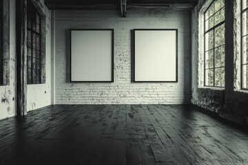 Poster - Two blank white partitions, perfect for advertising posters or marketing campaigns, situated in an industrial gallery hall. The scene features black benches on a concrete floor against a grey wall