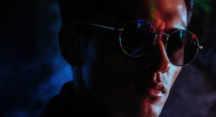 Wall Mural - Asian male in sunglasses amidst neon lights in dark ambience