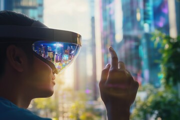Poster - Woman uses futuristic glasses, cityscape background