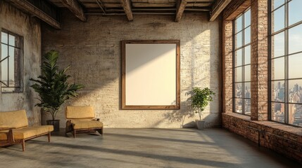 Poster - A modern office interior featuring an empty poster frame mounted on a concrete wall, illuminated by natural light from windows, representing an advertising space