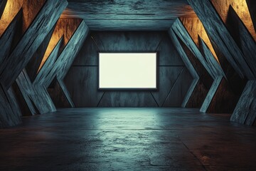 Poster - Modern exhibition space featuring a blank screen against a dark backdrop