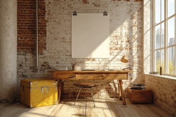Poster - Modern interior of a coworking space with a blank vertical poster on the wall, featuring desks and chairs near large windows, in a clean and minimalist style. This is a 3D rendering