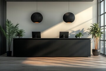 Poster - A modern reception interior featuring a dark desk, computers, and plants in an empty corporate lobby with large windows and a city view