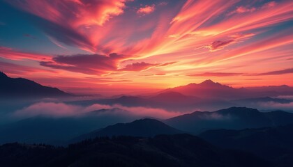 Wall Mural - fiery sunset over majestic mountain ranges