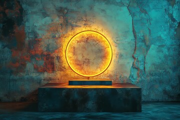 Poster - Abstract modern stage featuring an illuminated round circle against a dark matte backdrop. It embodies a minimal luxury design concept ideal for premium product showcases
