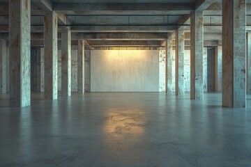 Poster - A modern minimalist corridor featuring a white geometric interior, a clean concrete floor, and bright lighting. 3D Rendering