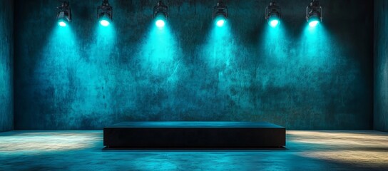 Poster - Minimalistic stage setup featuring a black podium with spotlights and a blue gradient background