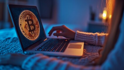 Poster - Hands typing on a laptop keyboard with a glowing Bitcoin symbol and a bokeh effect in the background