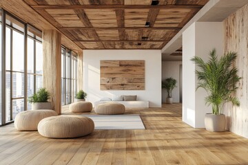 Poster - A modern office space featuring an empty wall for mockup, spacious windows, neatly arranged desks, and potted plants to foster a clean and professional ambiance