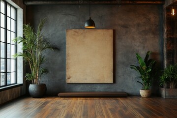 Poster - Blank white wall in a modern office interior with wooden floor and glass windows, featuring potted plants and a city view backdrop. 3D Rendering