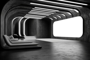 Poster - A spacious exhibition stage featuring clean white panels set in a dark room, ideal for branding, product displays, or creative presentations